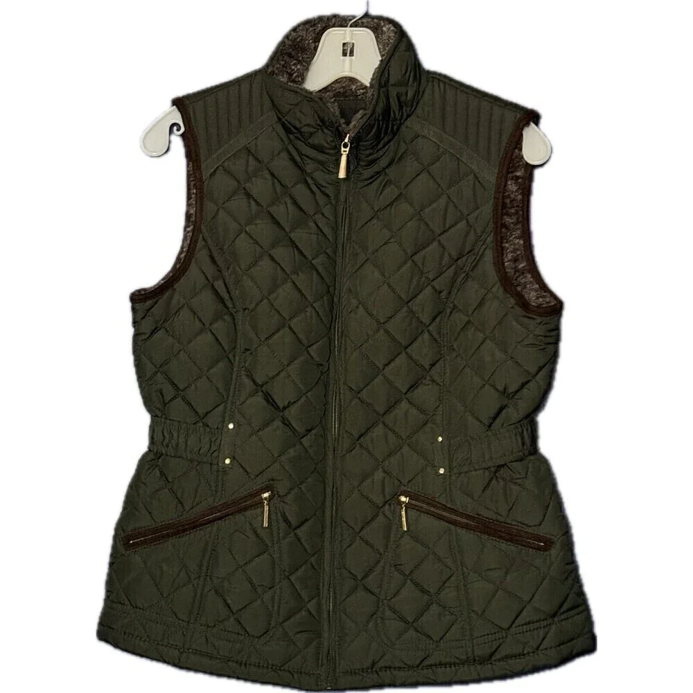 Weatherproof puffer vest, minky lined size small women Green